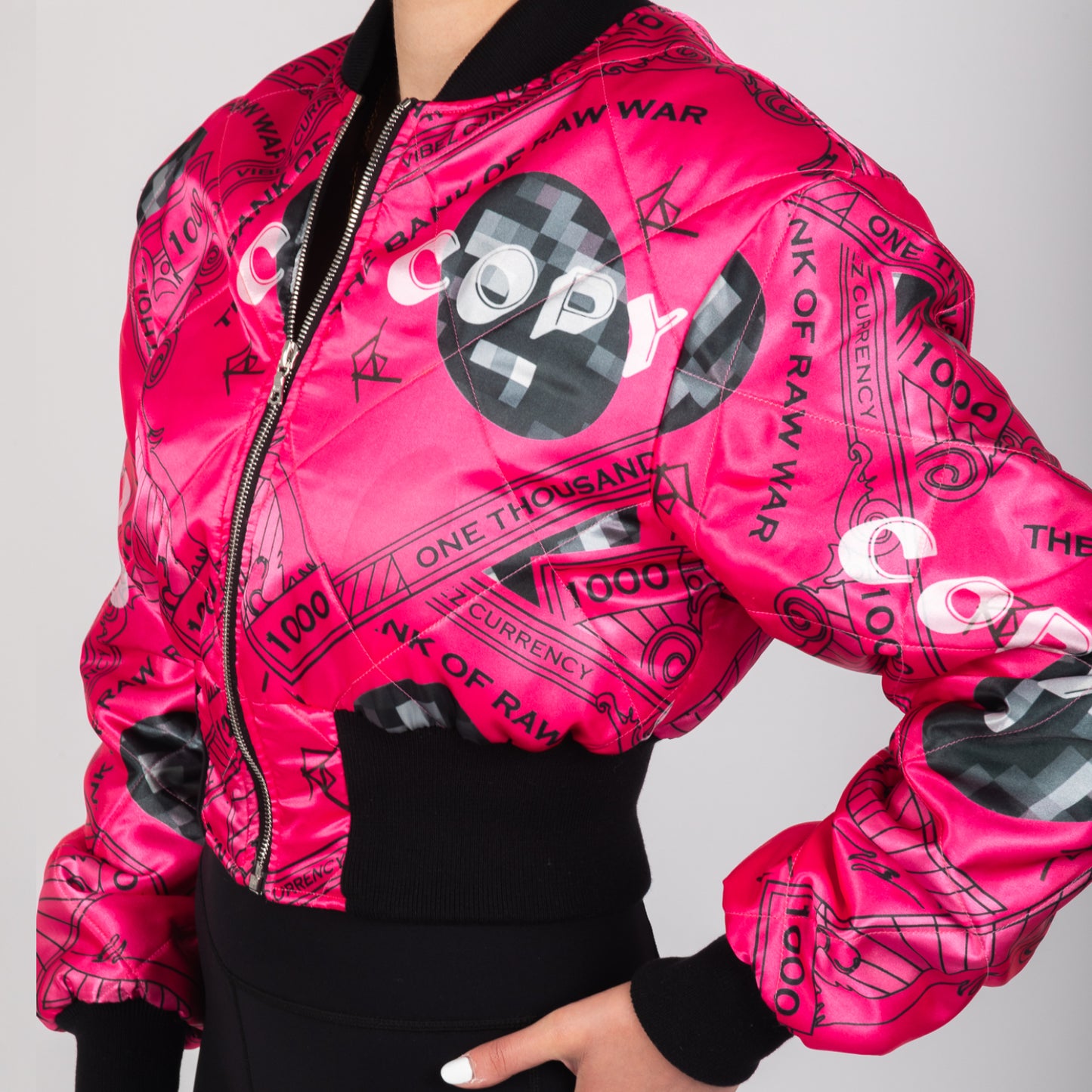 REVERSIBLE QUILTED PINK VIBEZ CURRENCY CROPPED BOMBER JACKET
