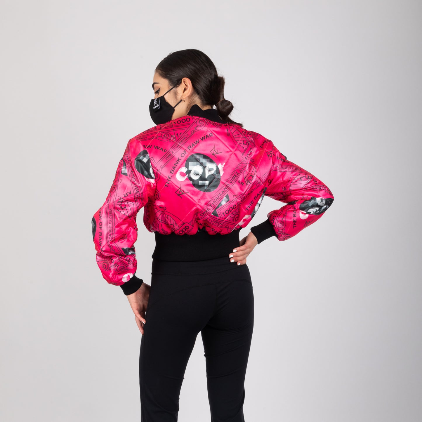 REVERSIBLE QUILTED PINK VIBEZ CURRENCY CROPPED BOMBER JACKET
