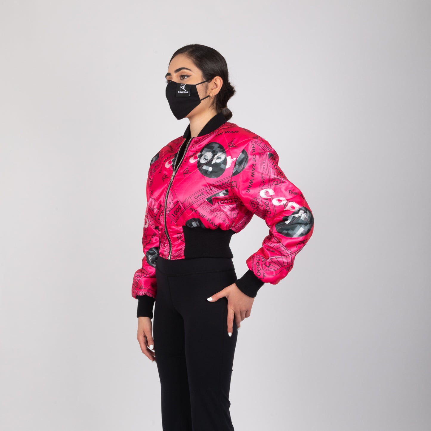 REVERSIBLE QUILTED PINK VIBEZ CURRENCY CROPPED BOMBER JACKET