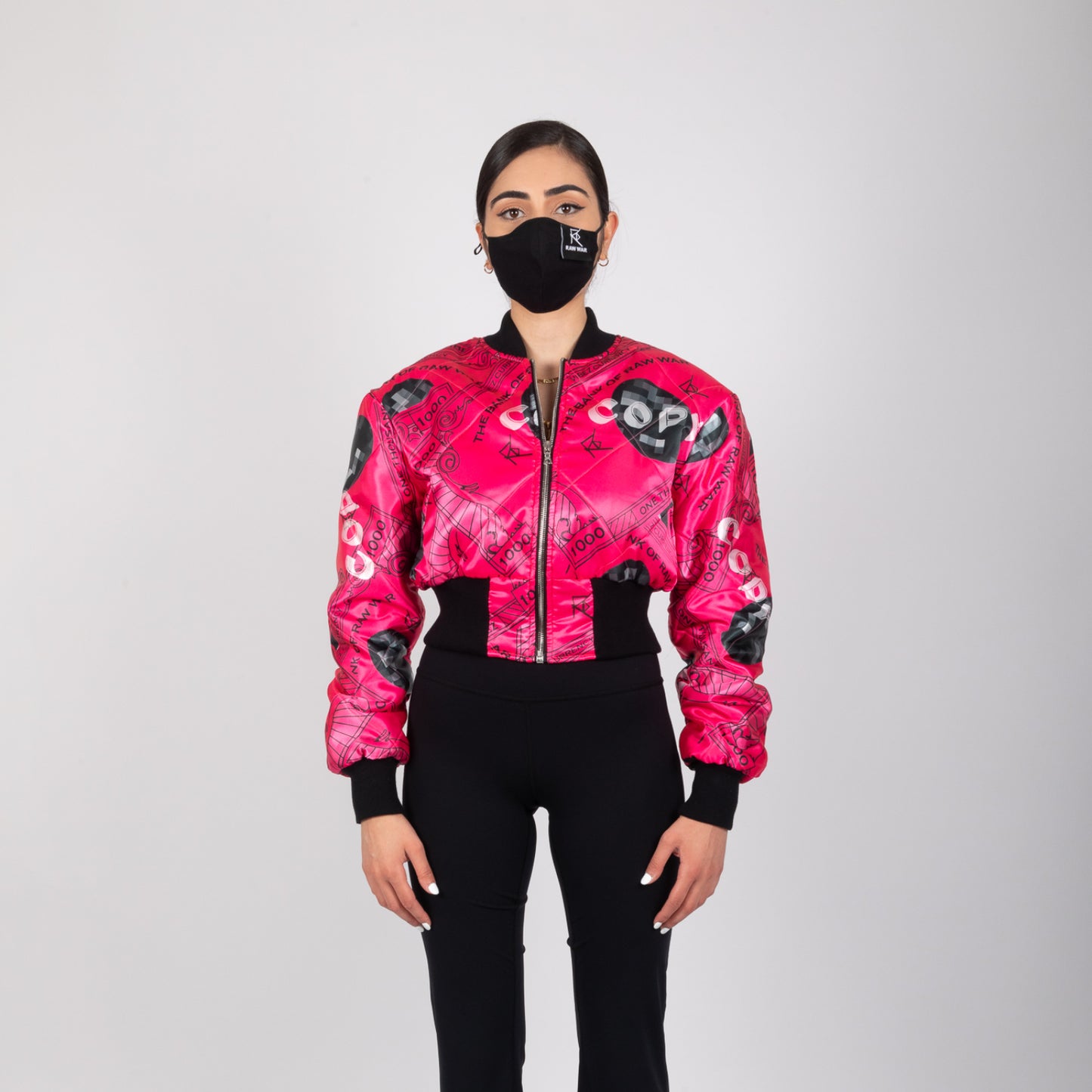 REVERSIBLE QUILTED PINK VIBEZ CURRENCY CROPPED BOMBER JACKET