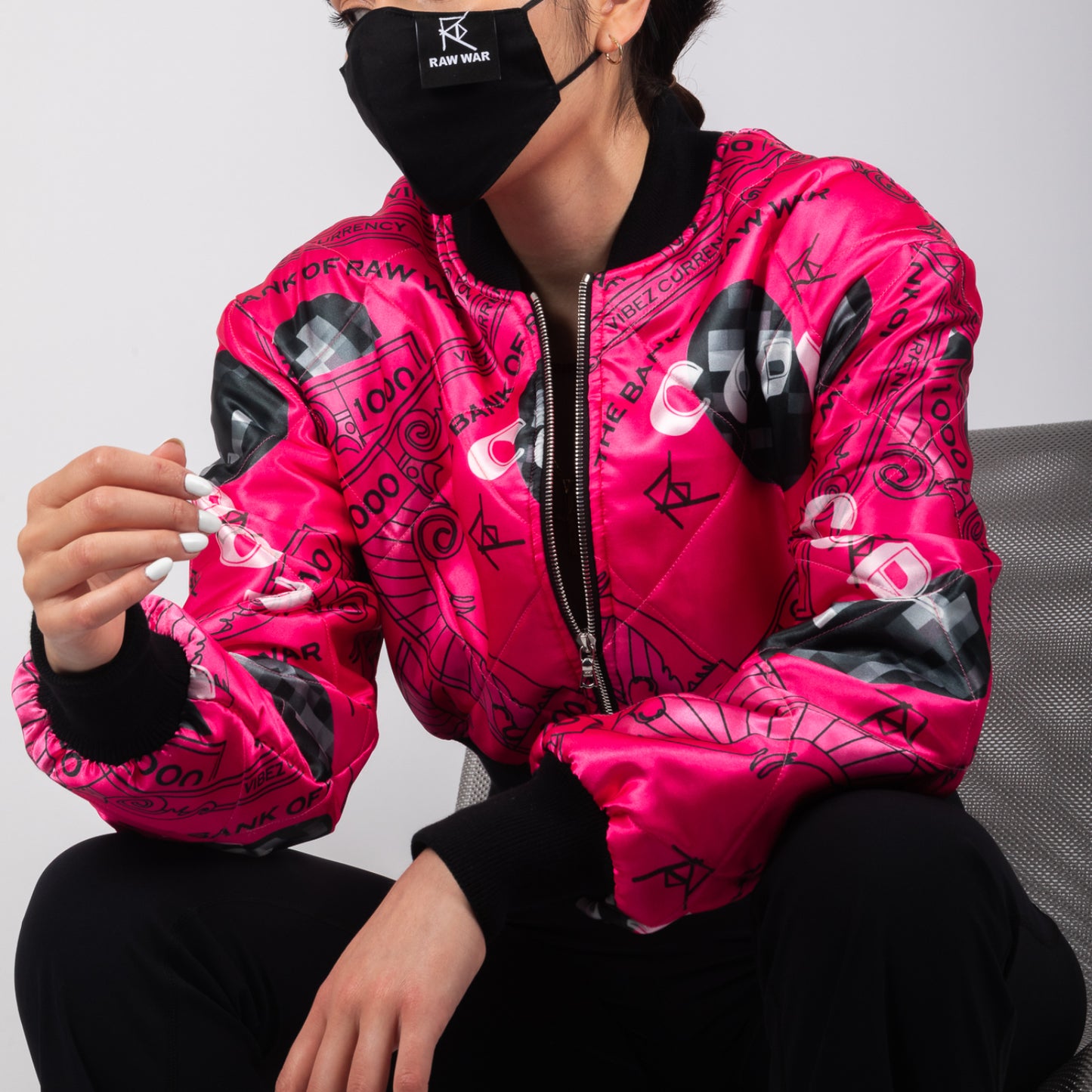 REVERSIBLE QUILTED PINK VIBEZ CURRENCY CROPPED BOMBER JACKET