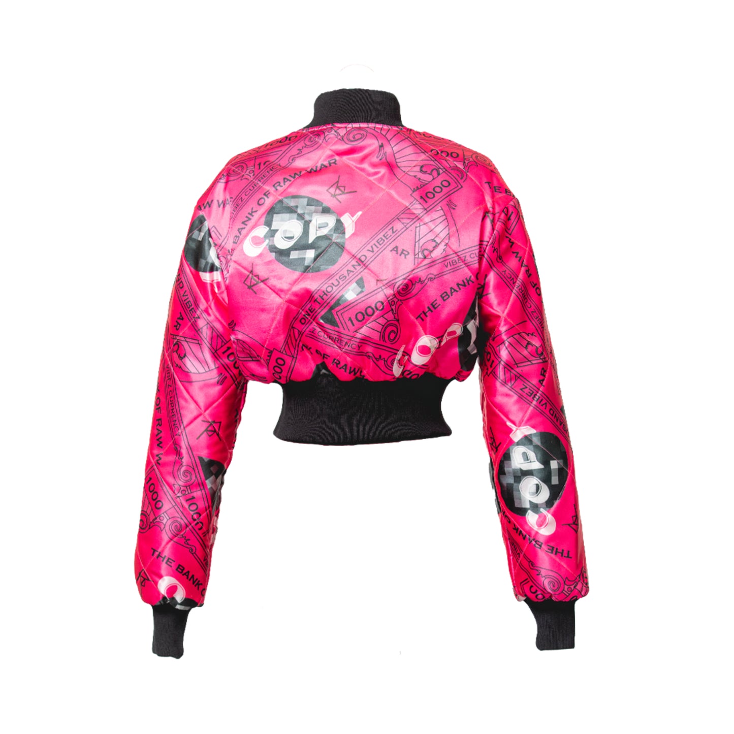 REVERSIBLE QUILTED PINK VIBEZ CURRENCY CROPPED BOMBER JACKET