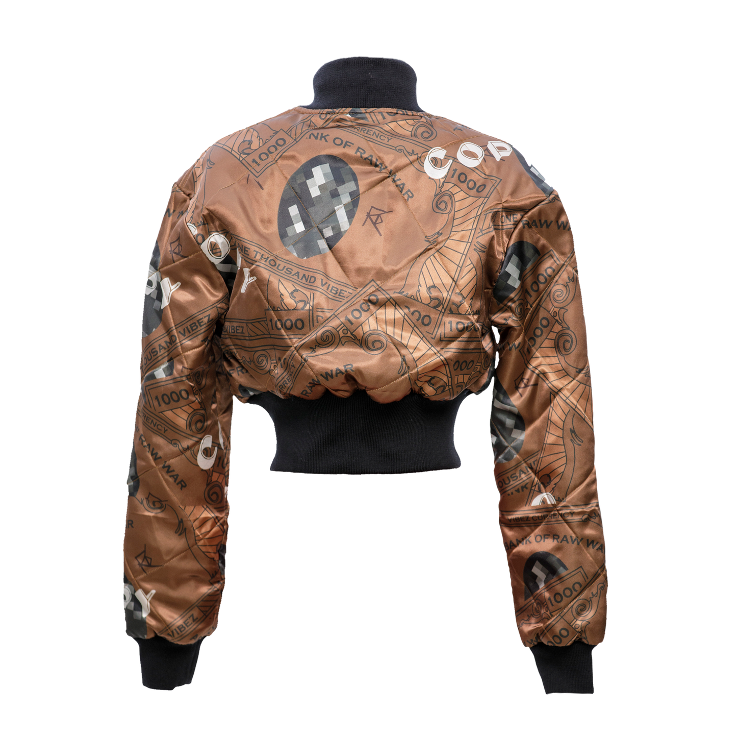 QUILTED BROWN VIBEZ CURRENCY CROPPED BOMBER JACKET