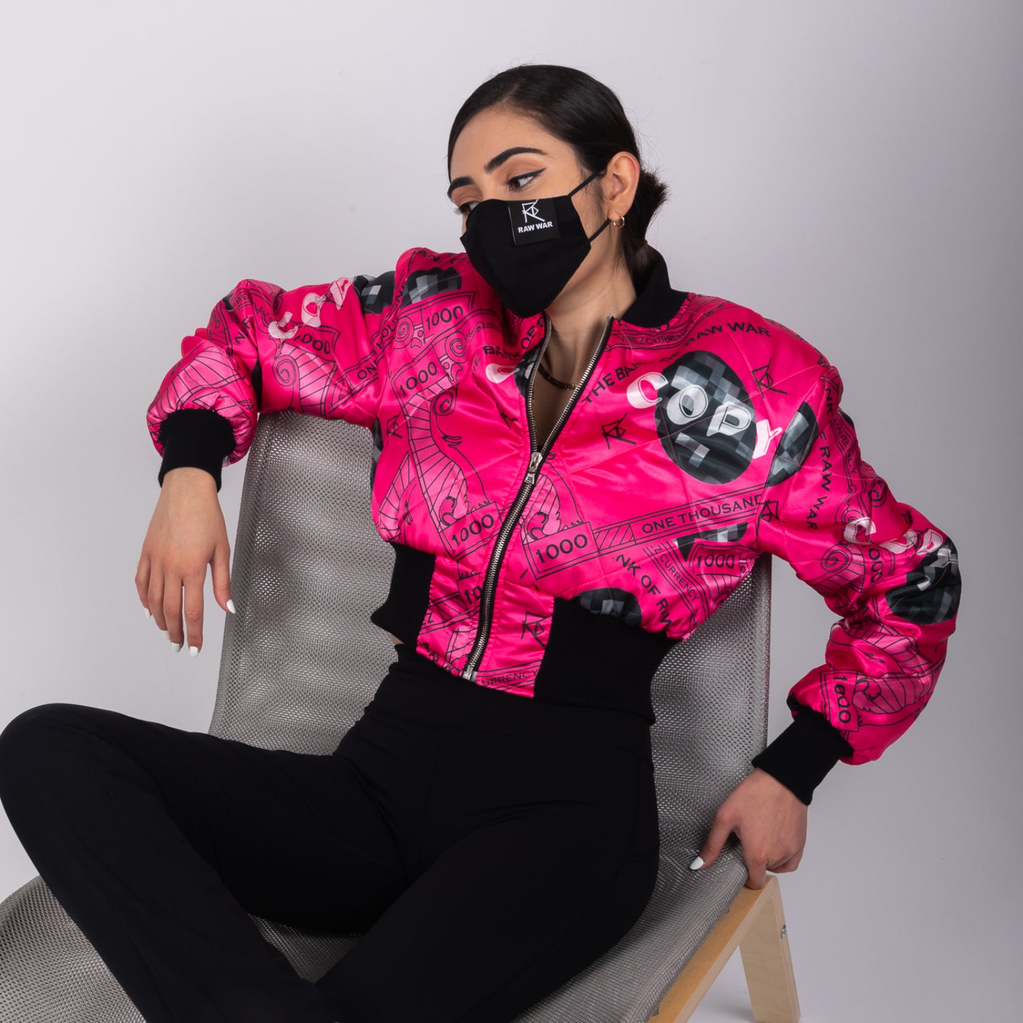 REVERSIBLE QUILTED PINK VIBEZ CURRENCY CROPPED BOMBER JACKET