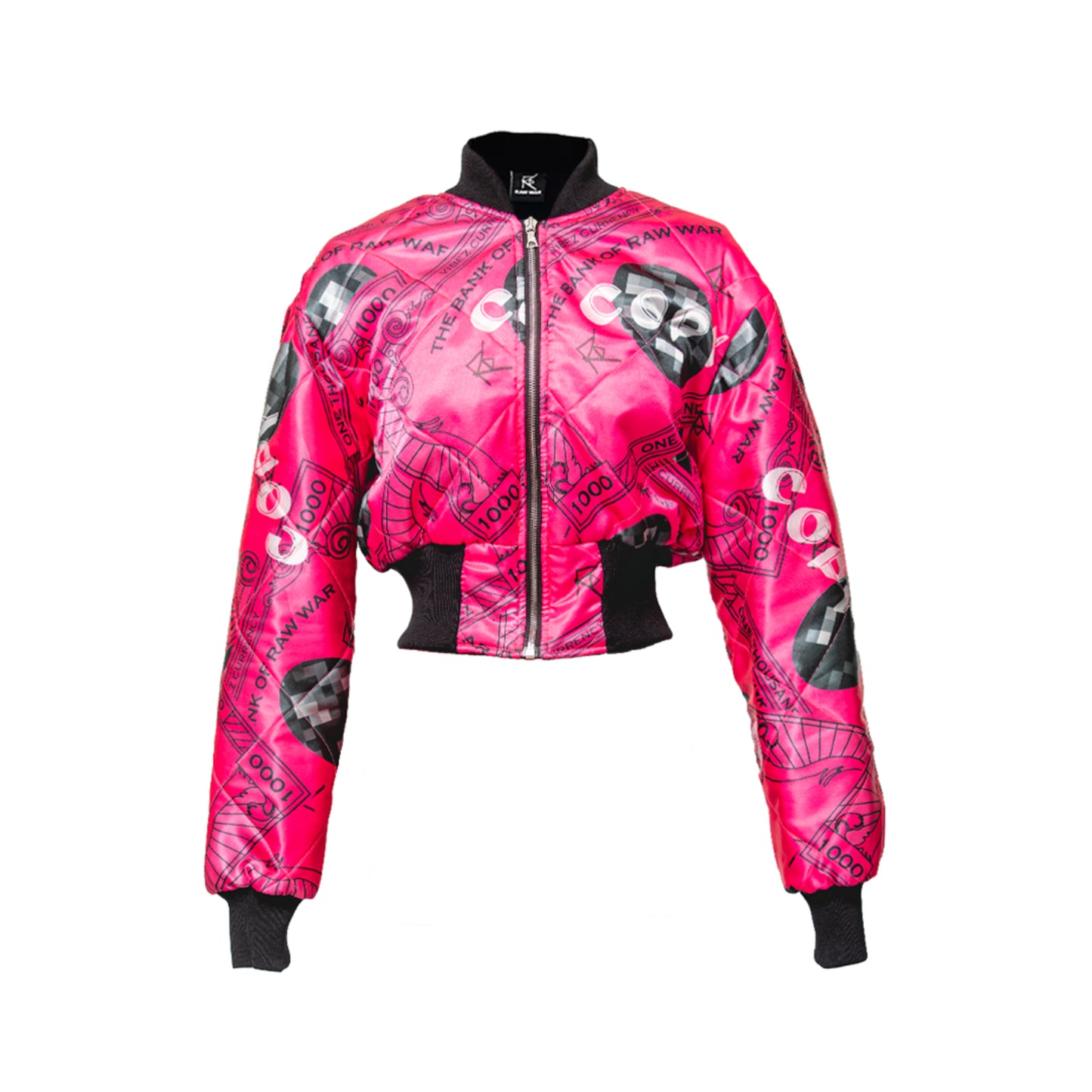 REVERSIBLE QUILTED PINK VIBEZ CURRENCY CROPPED BOMBER JACKET