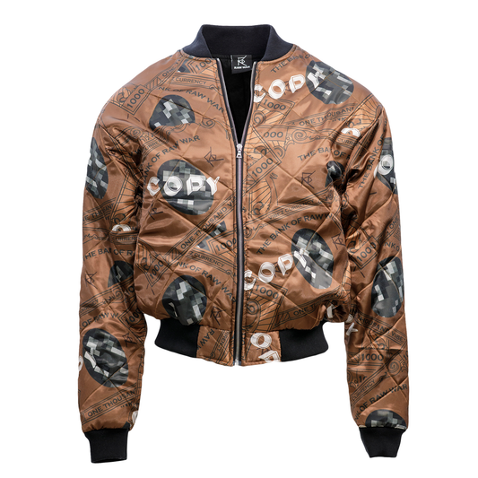 QUILTED BROWN VIBEZ CURRENCY BOMBER JACKET