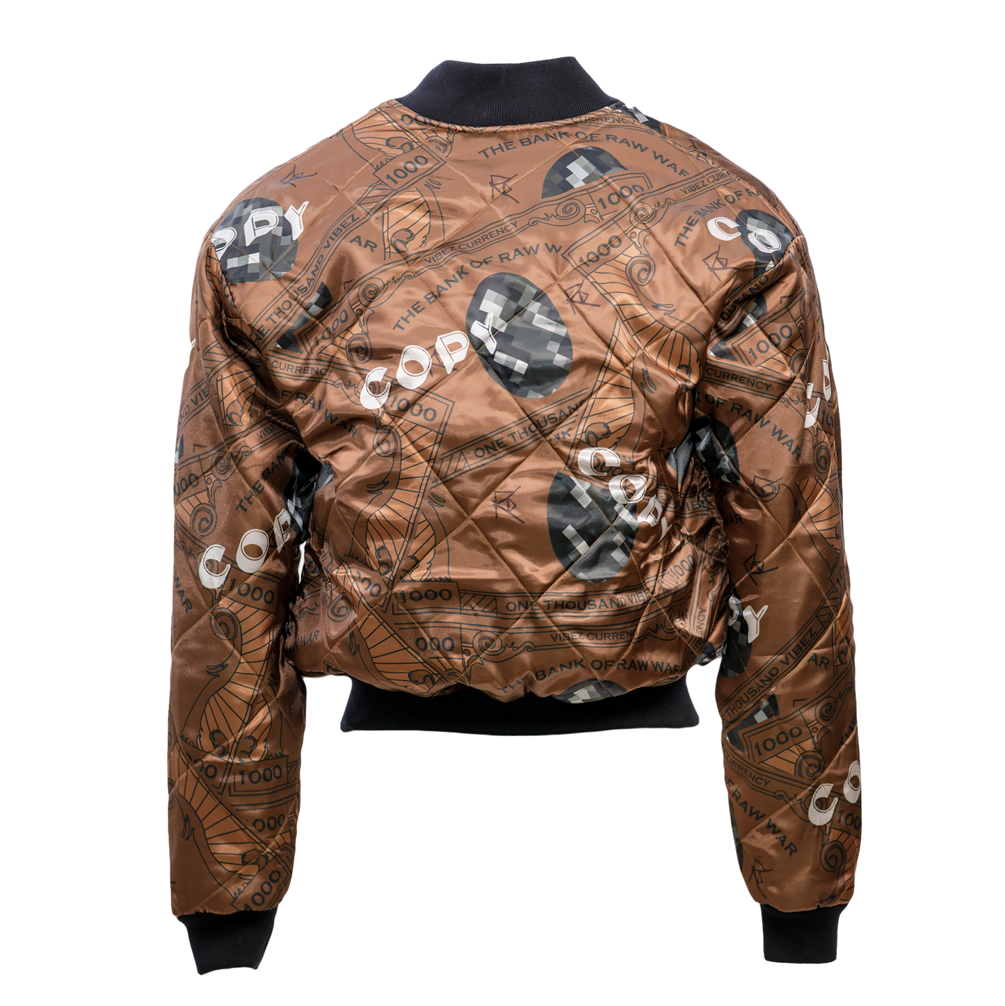 QUILTED BROWN VIBEZ CURRENCY BOMBER JACKET