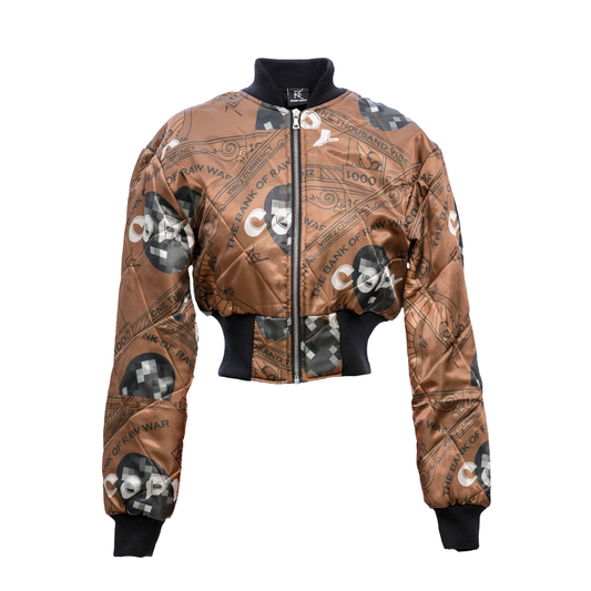 QUILTED BROWN VIBEZ CURRENCY CROPPED BOMBER JACKET